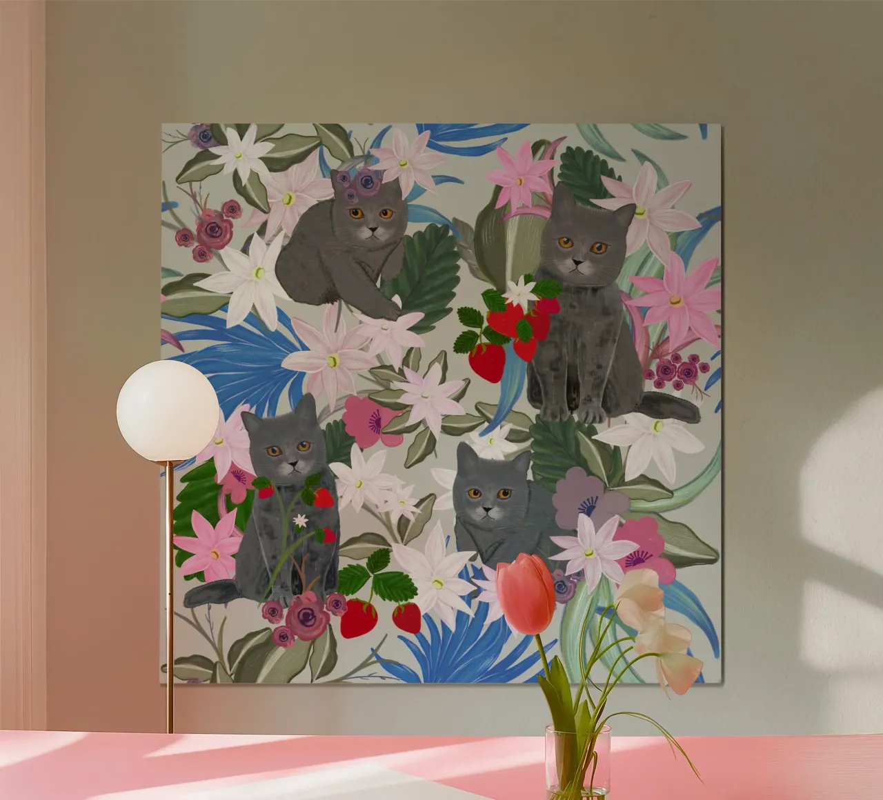 Gatto disegnato a mano con fragola e tropicale carta hahnemühle da gulsengunel