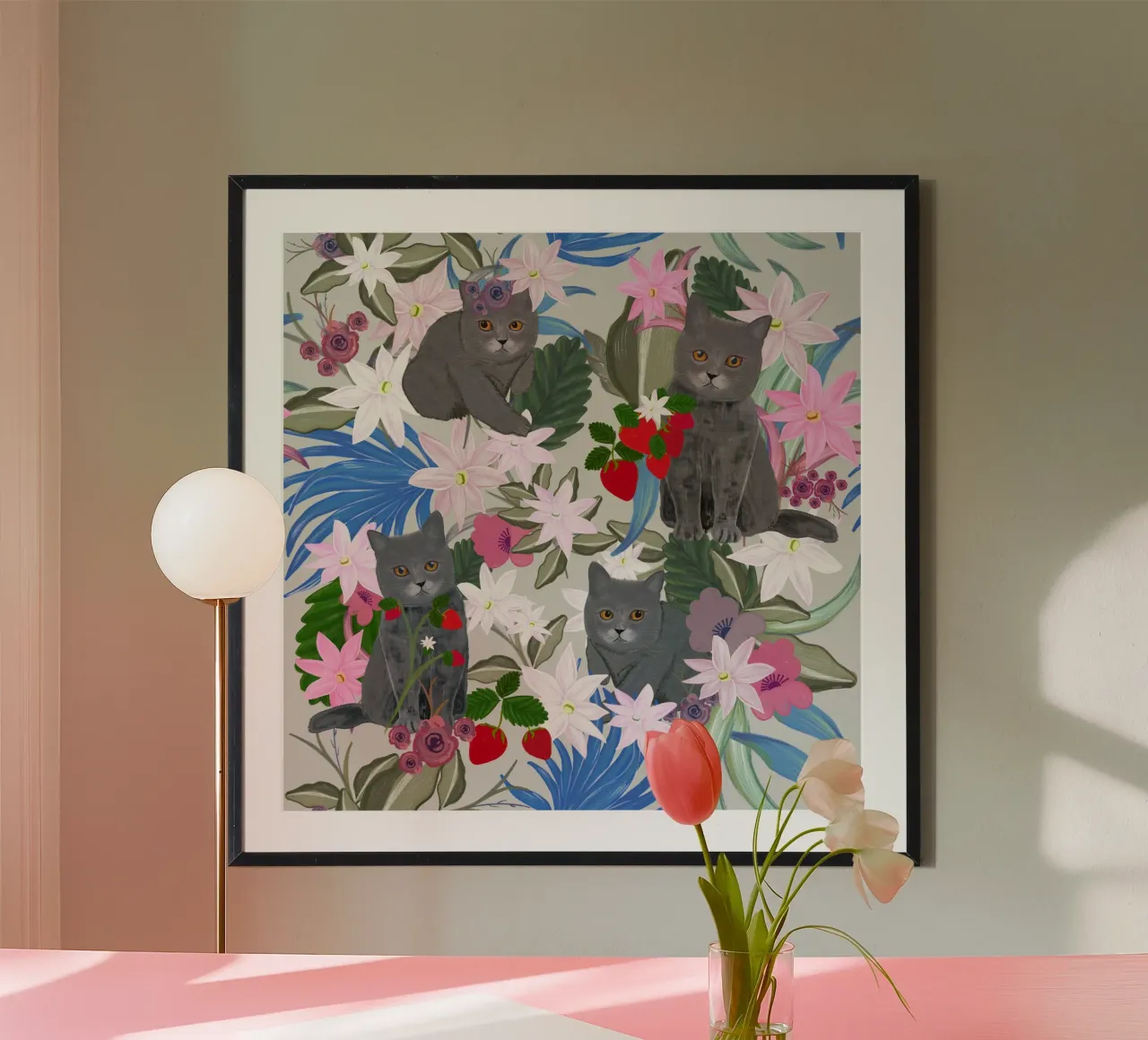 Gatto disegnato a mano con fragola e tropicale carta hahnemühle da gulsengunel