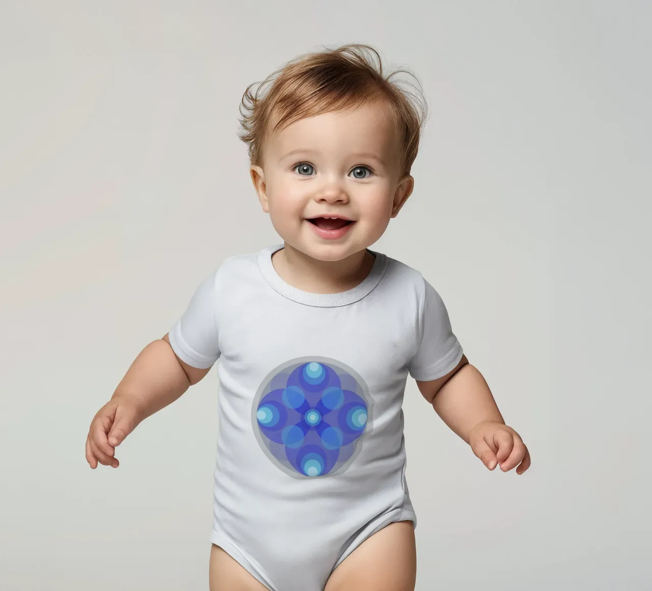 Blue abstract retro flower mandala in front of pink short-sleeve baby romper by Lilou Art