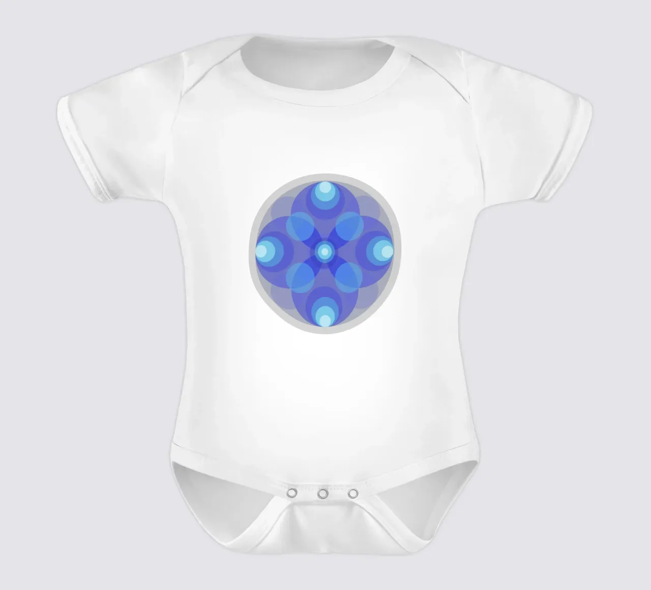 Blue abstract retro flower mandala in front of pink short-sleeve baby romper by Lilou Art