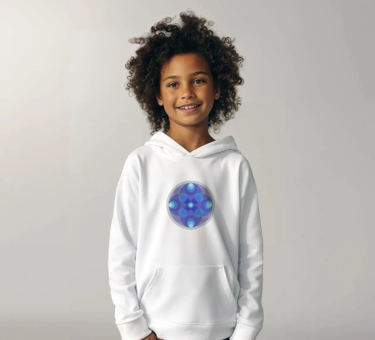 Blue abstract retro flower mandala in front of pink kids hoodie by Lilou Art