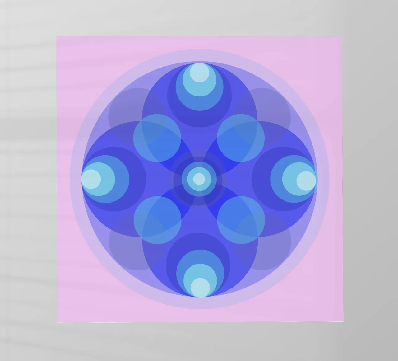 Blue abstract retro flower mandala in front of pink backlit film by Lilou Art