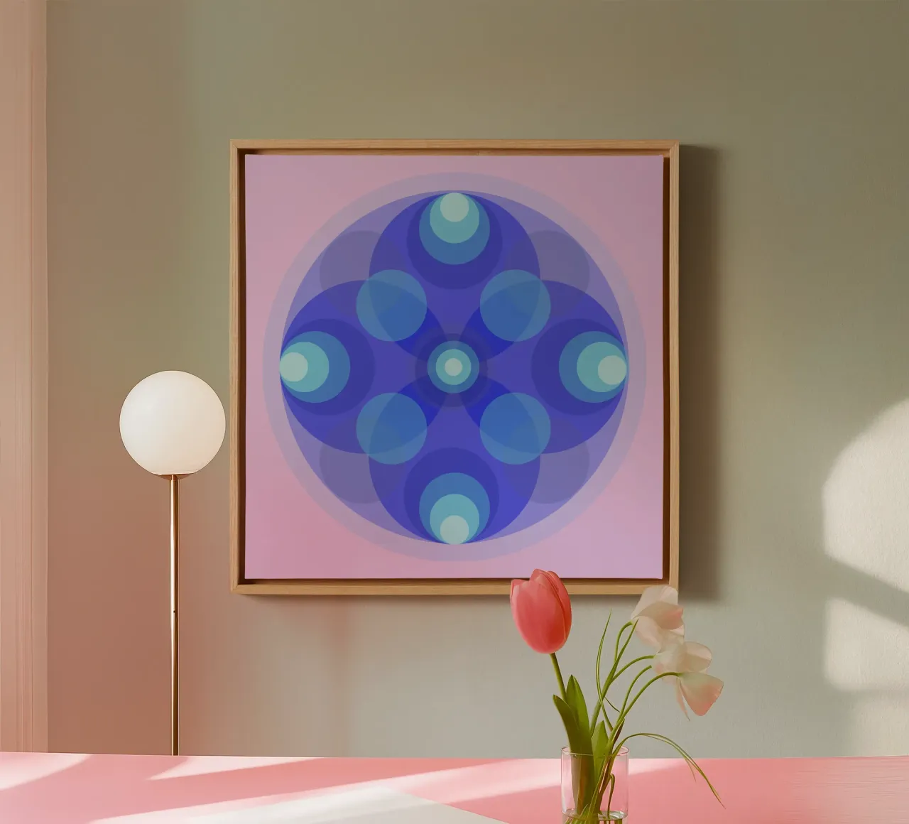 Mandala astratto blu di fiori retrò di fronte a rosa tela con Cornice a cassetta da Lilou Art