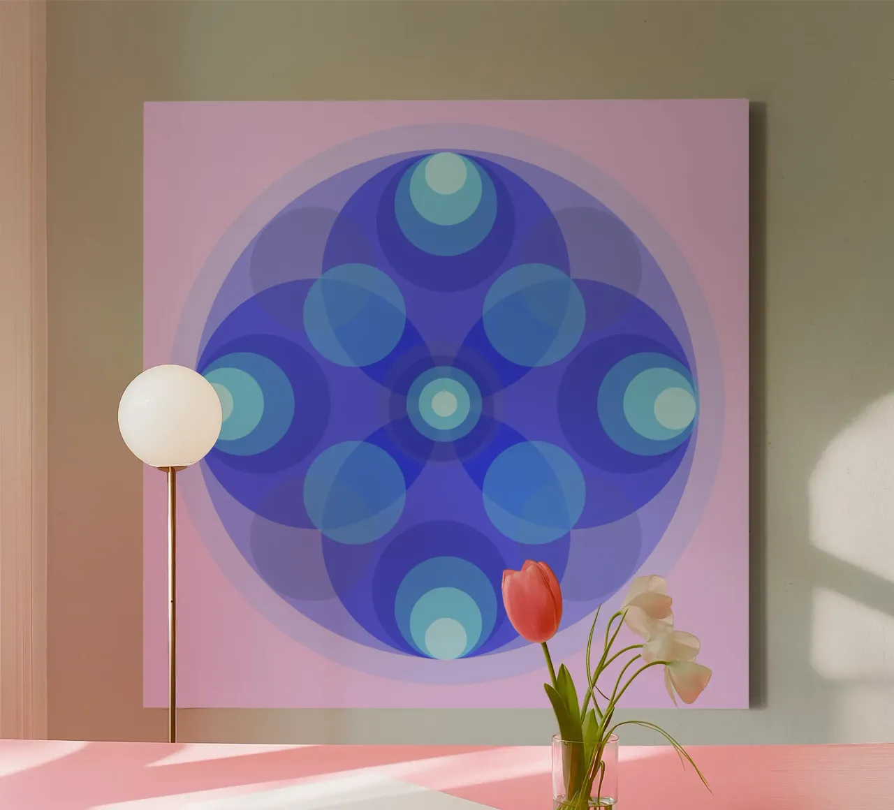 Mandala astratto blu di fiori retrò di fronte a rosa tela con Cornice a cassetta da Lilou Art