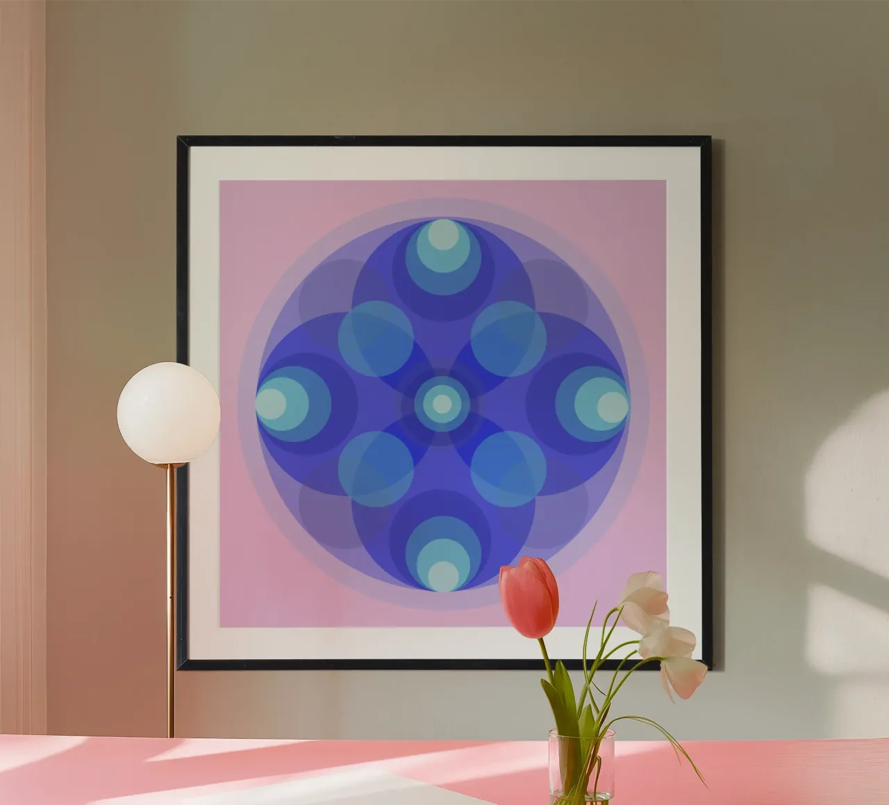 Blue abstract retro flower mandala in front of pink hahnemühle by Lilou Art