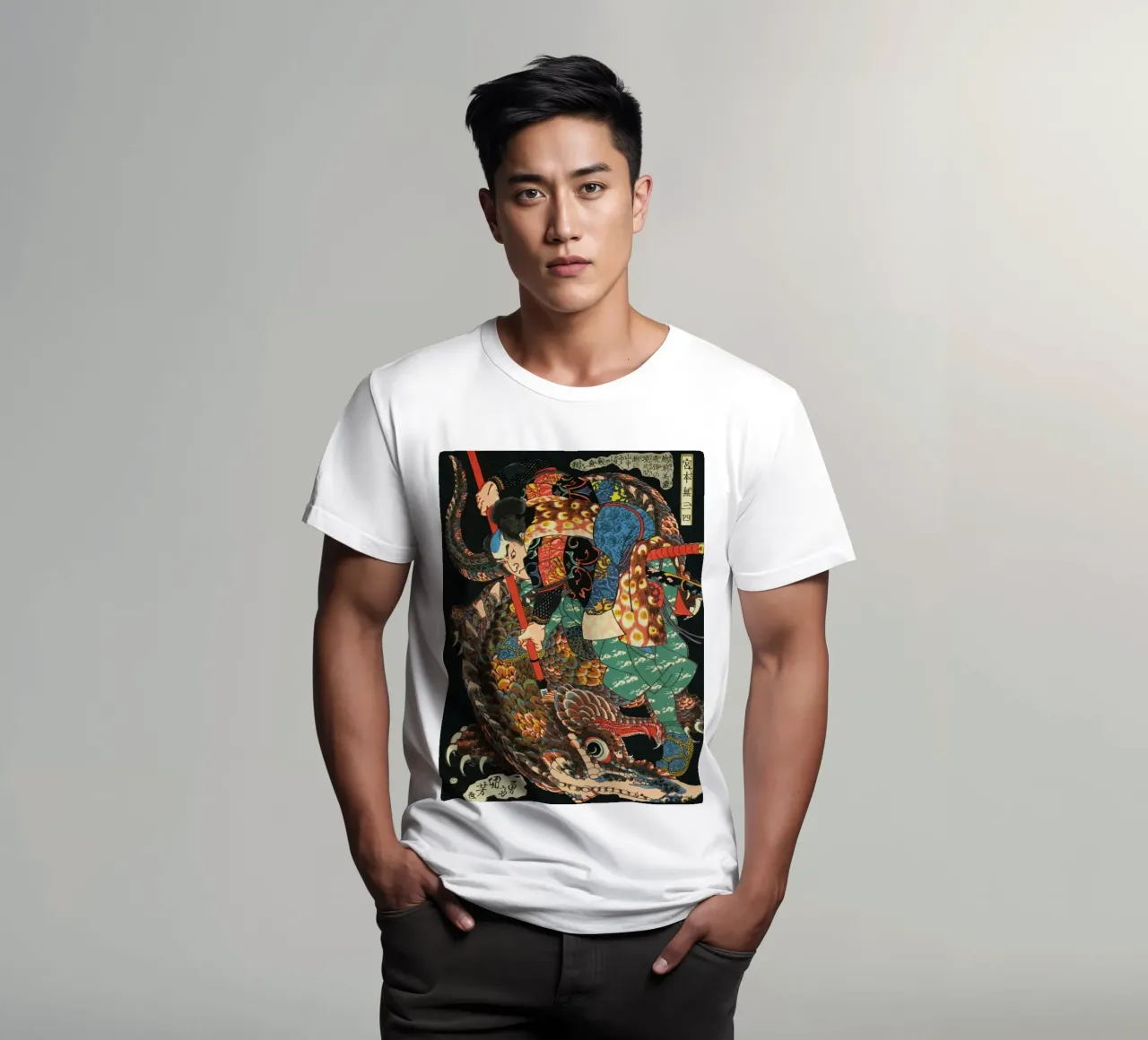 Samouraï combattant le crocodile - Ukiyo-e japonais ancien t-shirt de Masterpieces Of Japanese Art