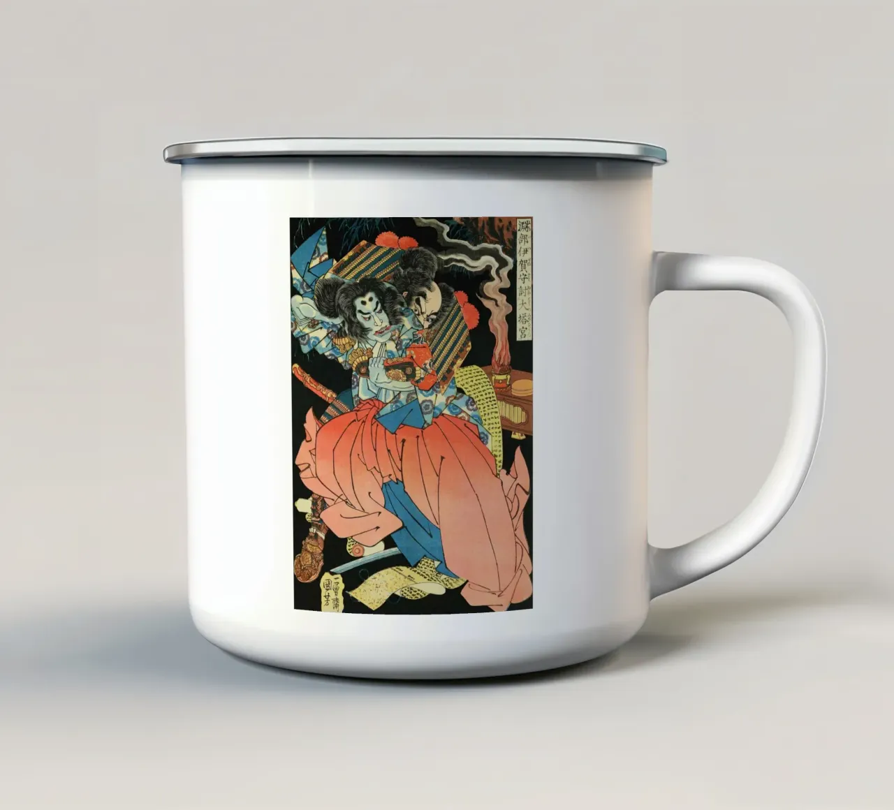 Démon se battant avec un samouraï - Ancien art japonais Ukiyo-e mug en émail de Masterpieces Of Japanese Art