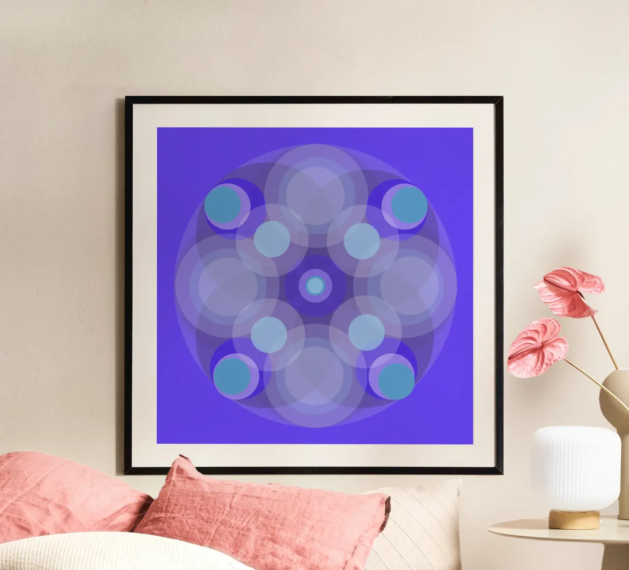 Blau-lila abstrakte retro Blume Mandala vor Blau poster con telaio in plastica da Lilou Art