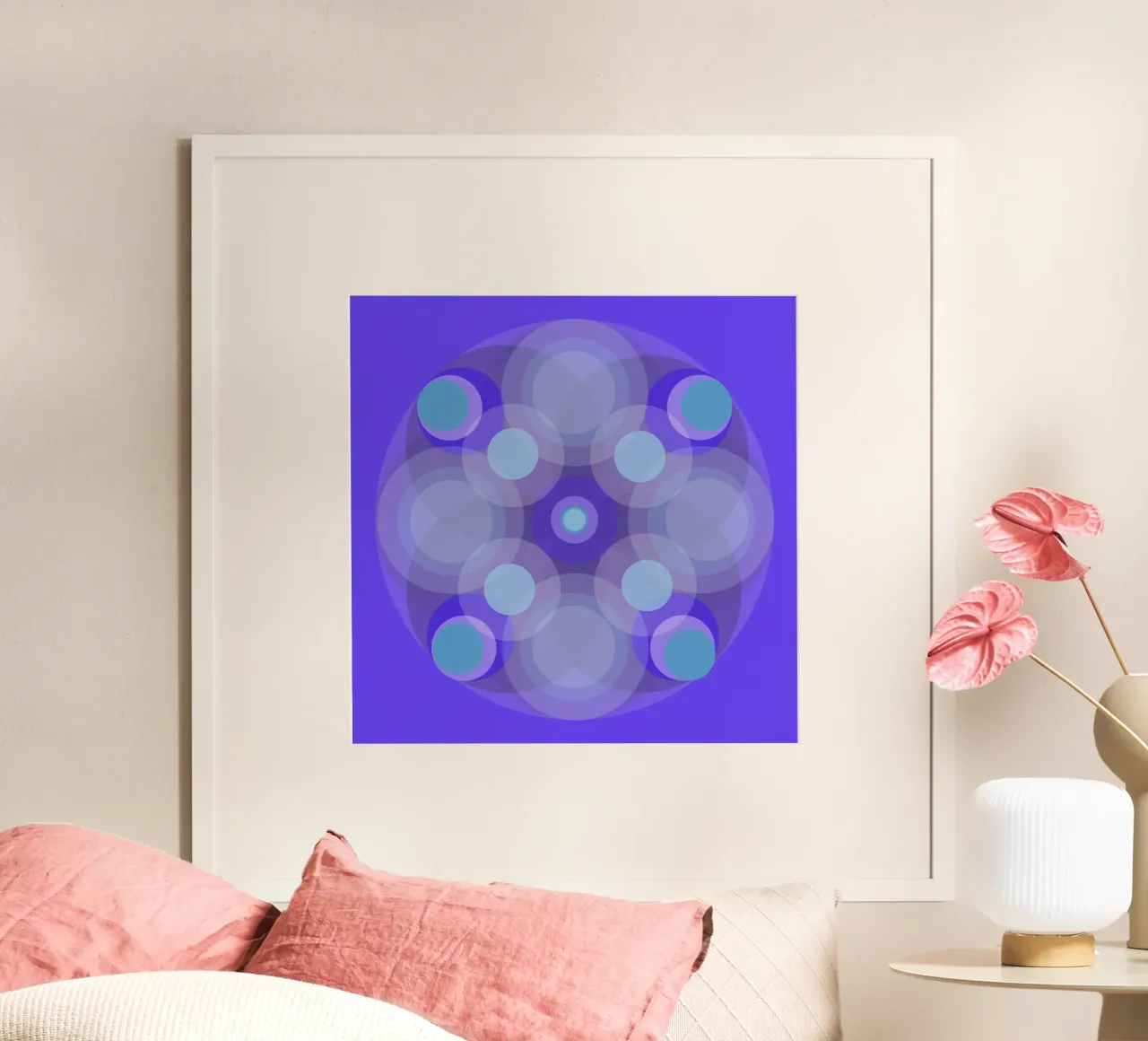 Blau-lila abstrakte retro Blume Mandala vor Blau poster con telaio in plastica da Lilou Art