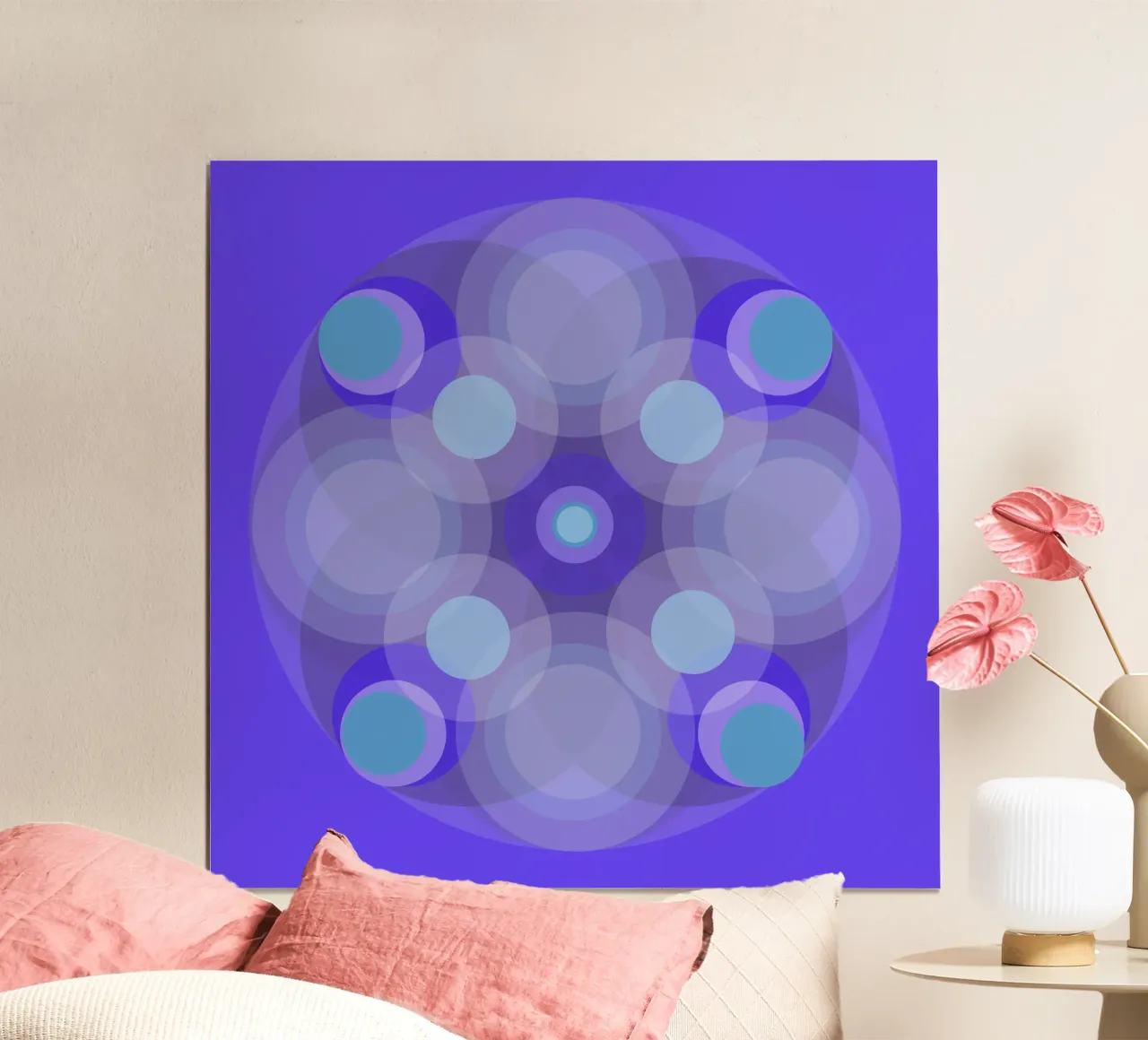 Blau-lila abstrakte retro Blume Mandala vor Blau poster con telaio in plastica da Lilou Art