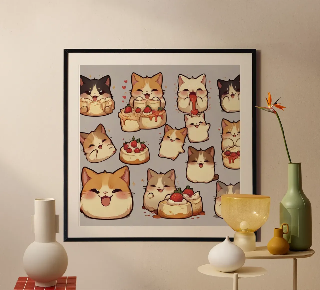 Gatto e pane alle fragole Carino poster con telaio in alluminio da brockcon Shop