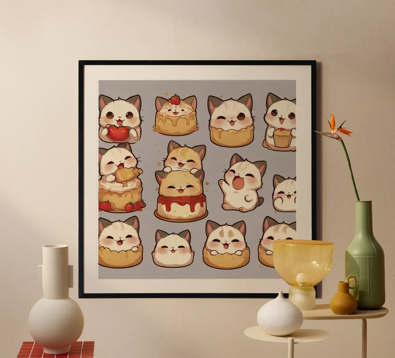 Gatto carino e pane alle fragole poster con telaio in plastica da brockcon Shop