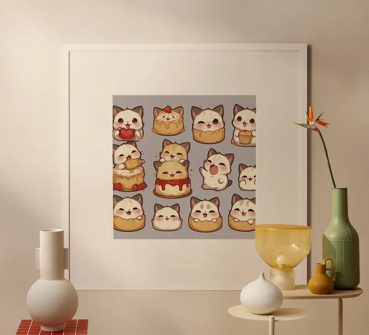 Gatto carino e pane alle fragole poster con telaio in plastica da brockcon Shop