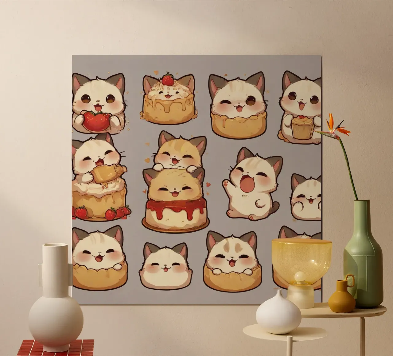 Gatto carino e pane alle fragole poster con telaio in plastica da brockcon Shop