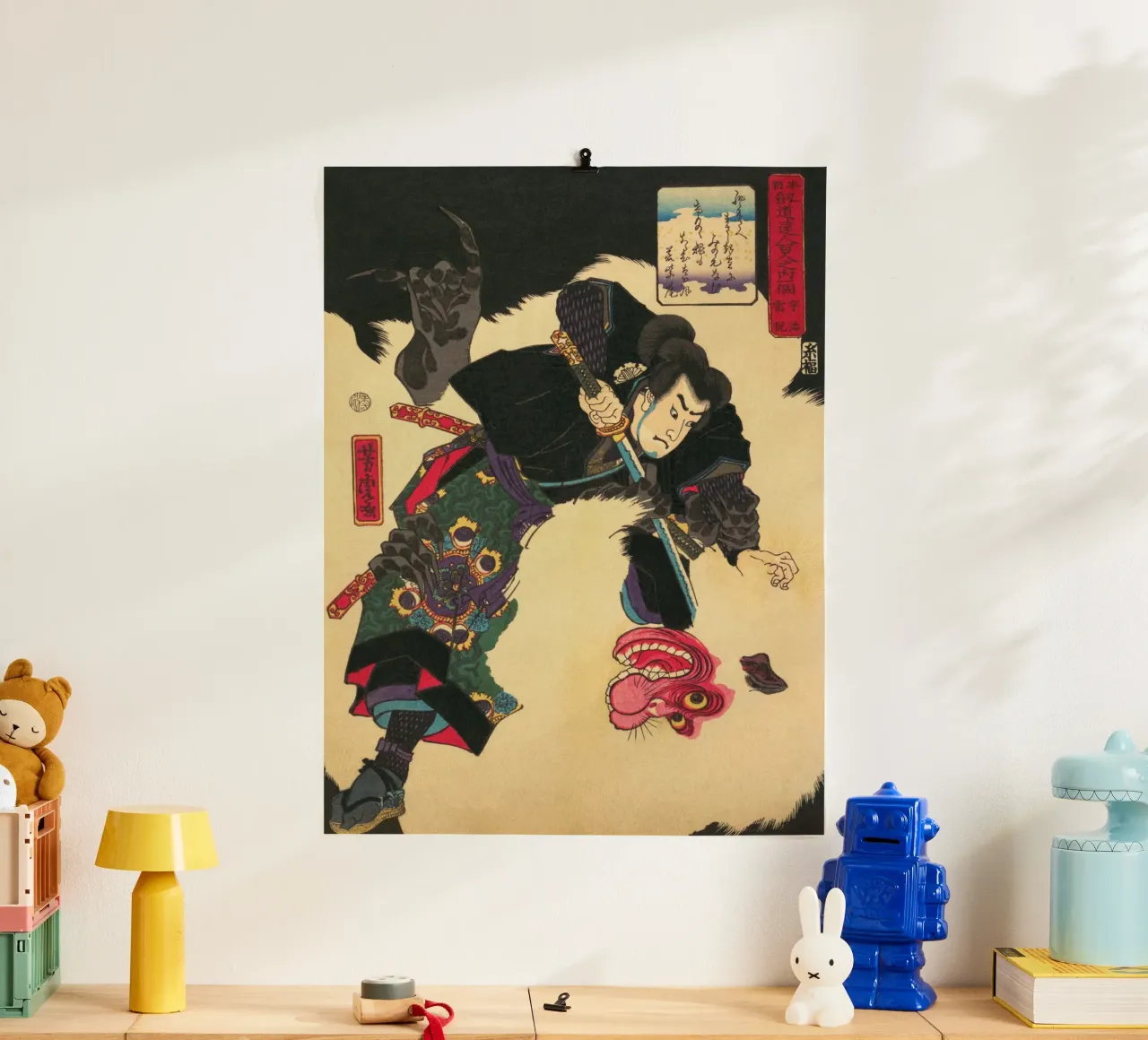 Samurai derrotando al demonio blanco - Ukiyo-e japonés antiguo hahnemühle de Masterpieces Of Japanese Art