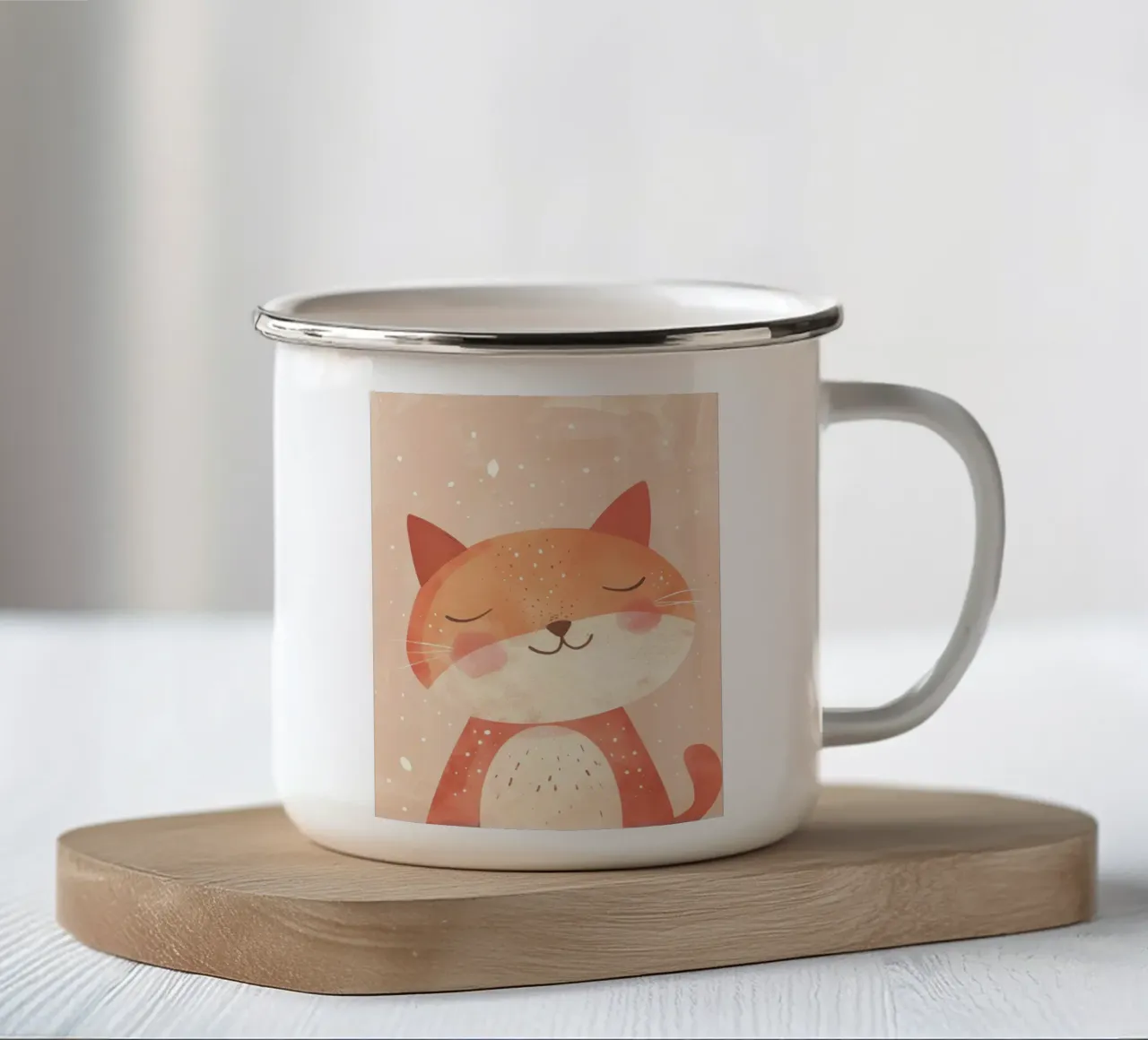 illustrazione di un simpatico gatto, che evoca un'atmosfera accogliente e sognante. tazza in smalto da DesignDoodle
