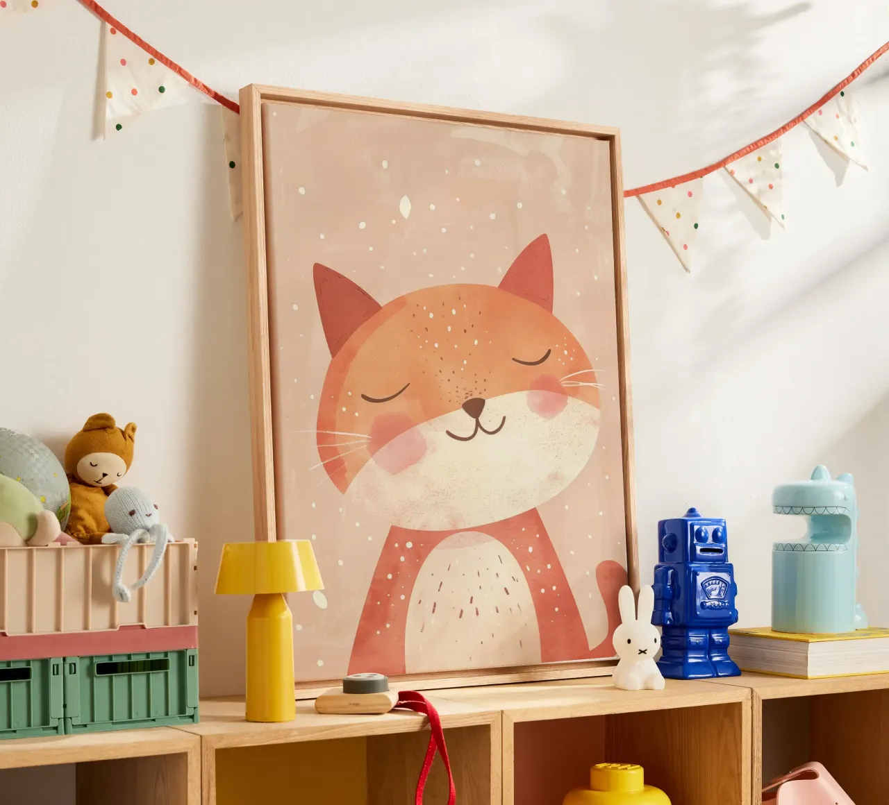 illustrazione di un simpatico gatto, che evoca un'atmosfera accogliente e sognante. tela con Cornice a cassetta da DesignDoodle