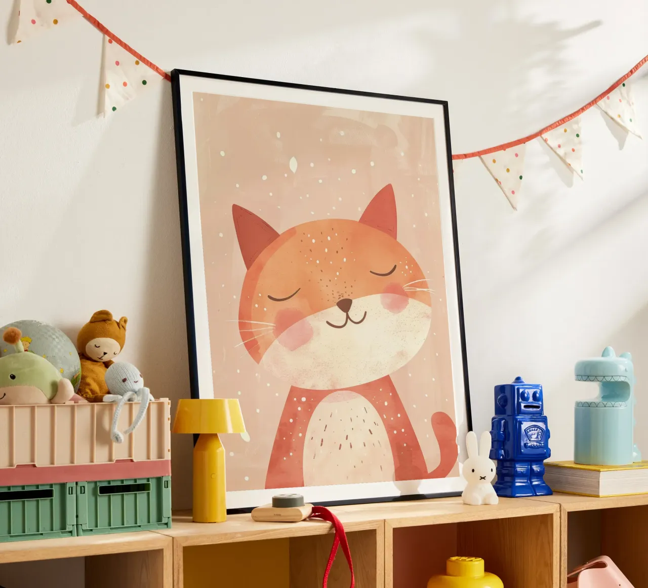 illustrazione di un simpatico gatto, che evoca un'atmosfera accogliente e sognante. poster con telaio in legno da DesignDoodle