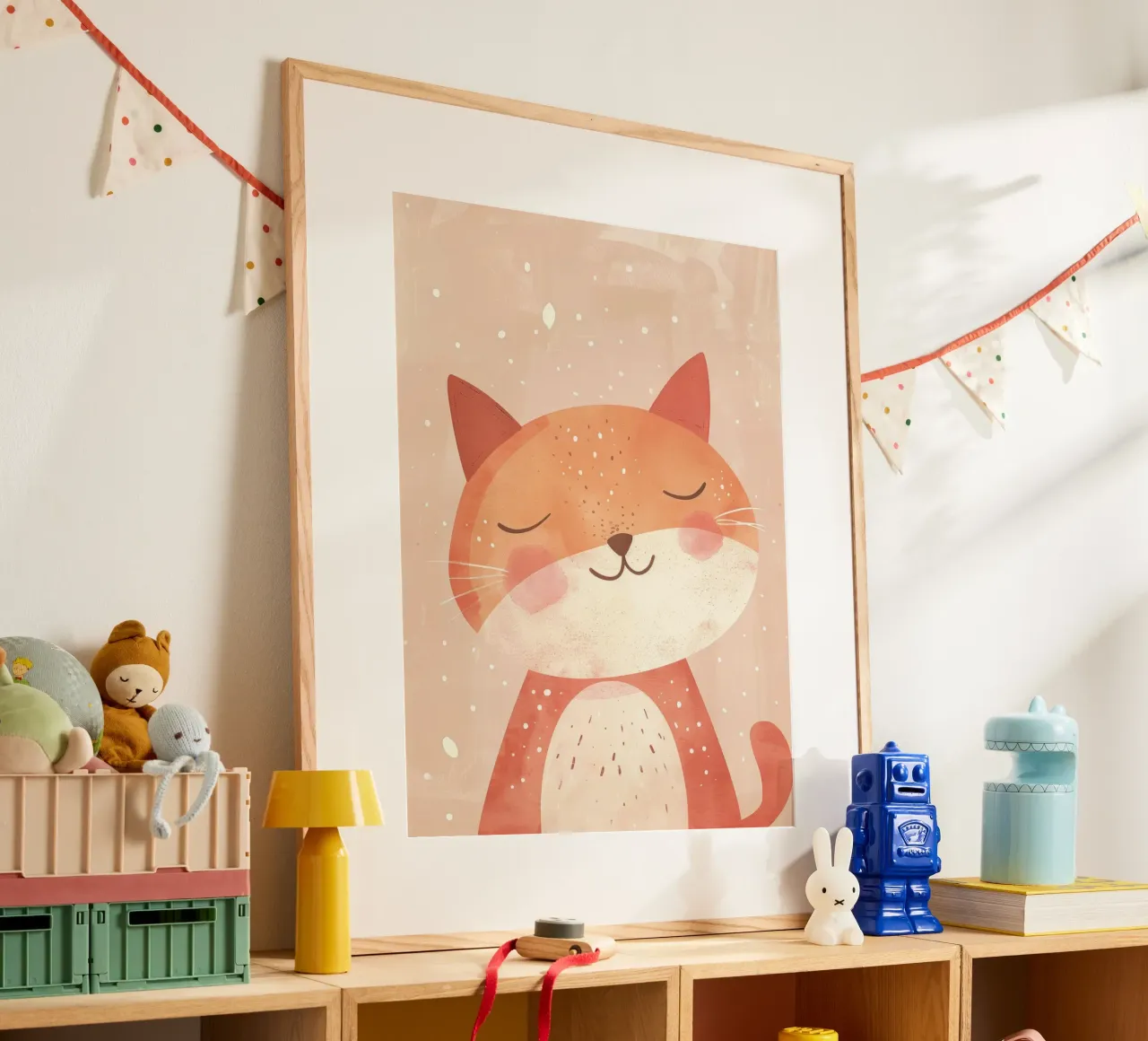 illustrazione di un simpatico gatto, che evoca un'atmosfera accogliente e sognante. poster con telaio in legno da DesignDoodle