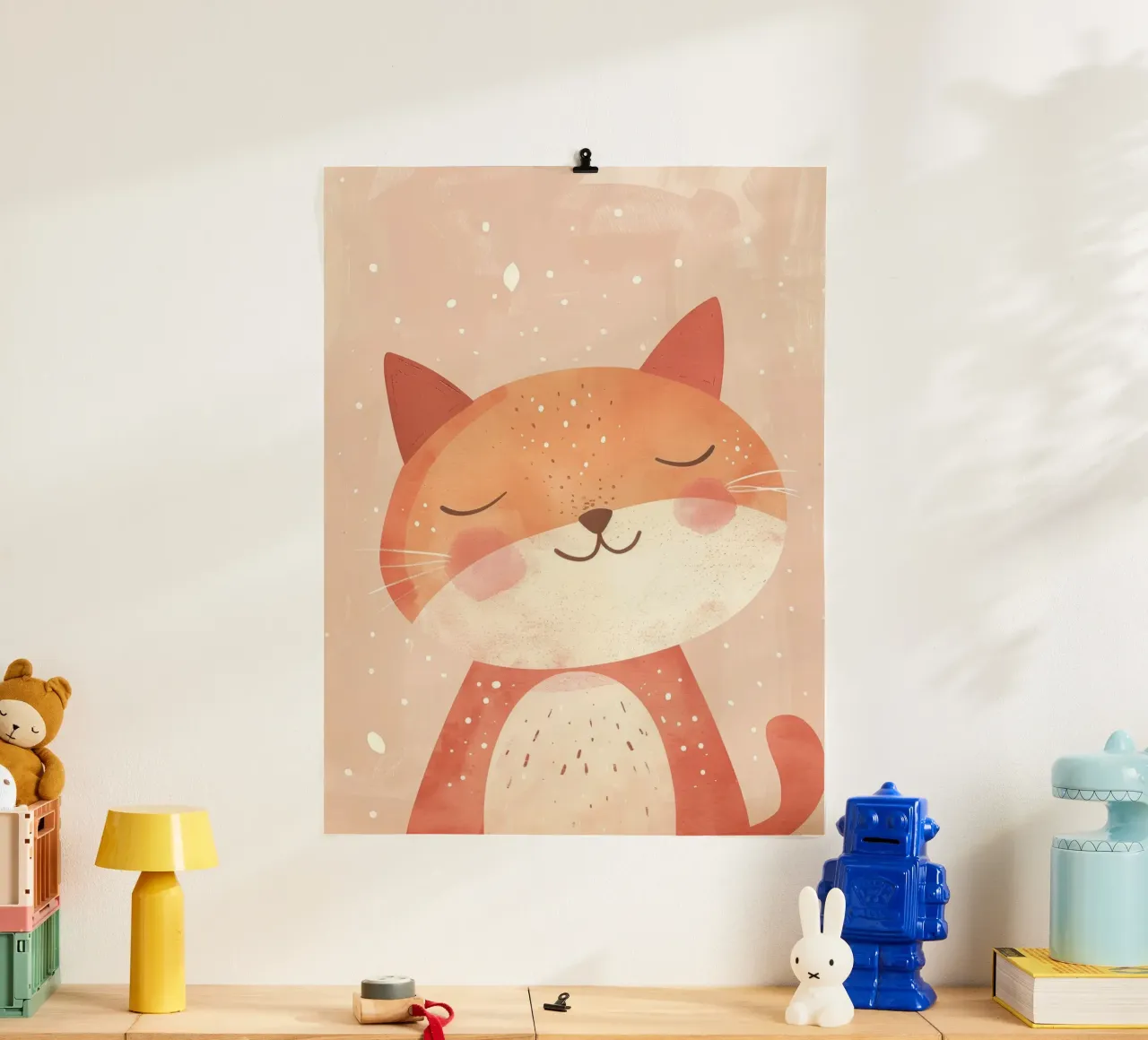 illustrazione di un simpatico gatto, che evoca un'atmosfera accogliente e sognante. poster con telaio in legno da DesignDoodle