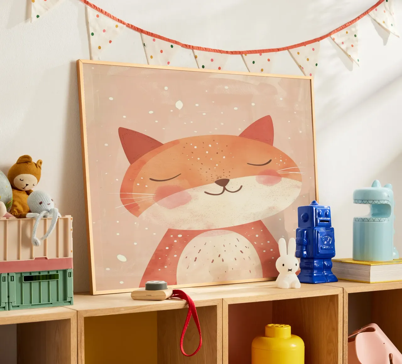 illustrazione di un simpatico gatto, che evoca un'atmosfera accogliente e sognante. poster con telaio in legno da DesignDoodle