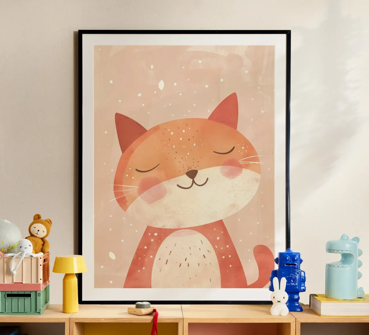 illustrazione di un simpatico gatto, che evoca un'atmosfera accogliente e sognante. poster con telaio in legno da DesignDoodle