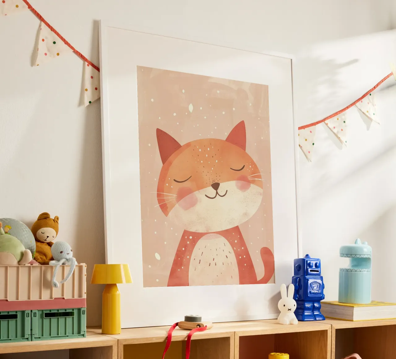 illustrazione di un simpatico gatto, che evoca un'atmosfera accogliente e sognante. poster con telaio in legno da DesignDoodle