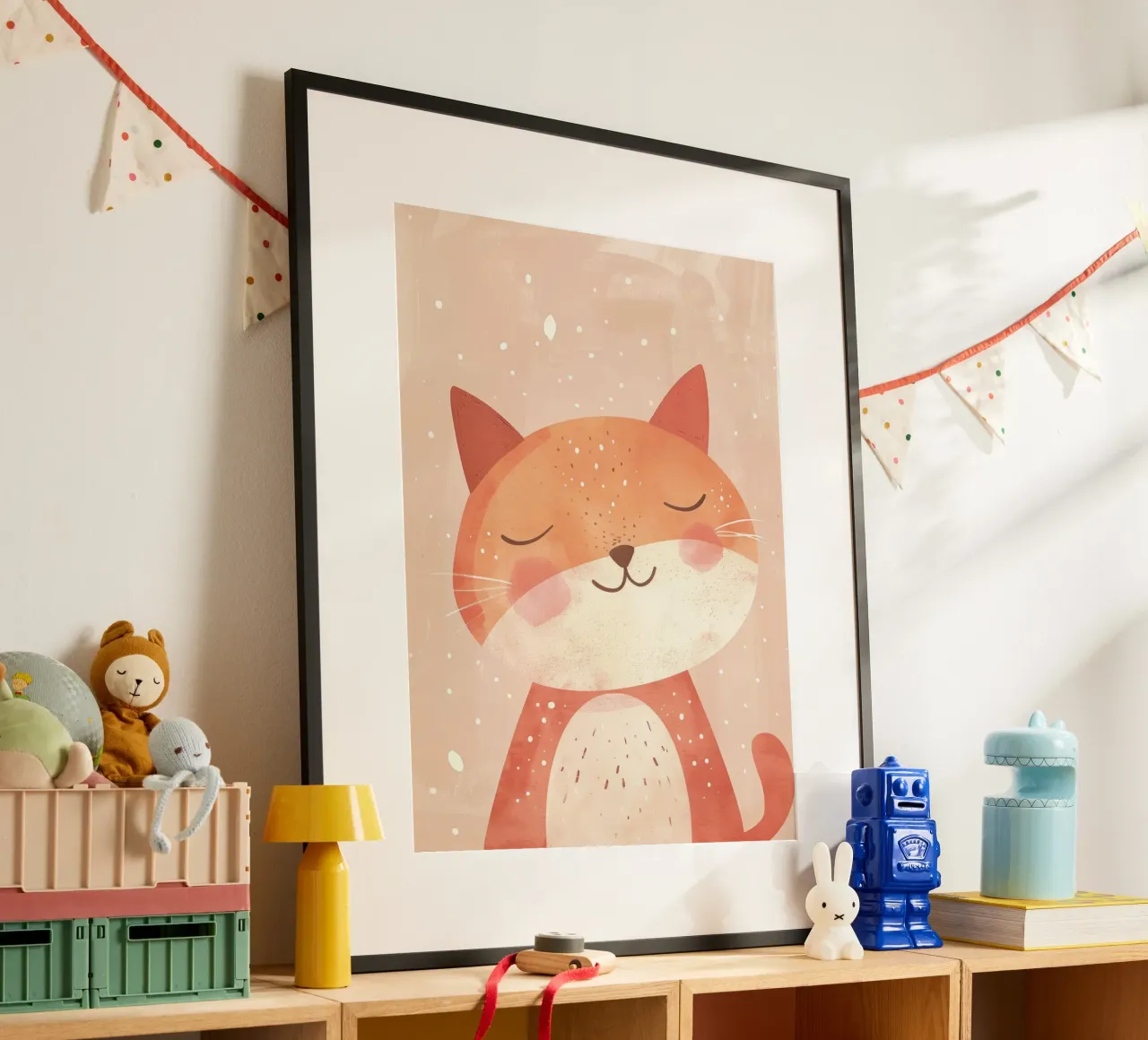 illustrazione di un simpatico gatto, che evoca un'atmosfera accogliente e sognante. poster con telaio in legno da DesignDoodle