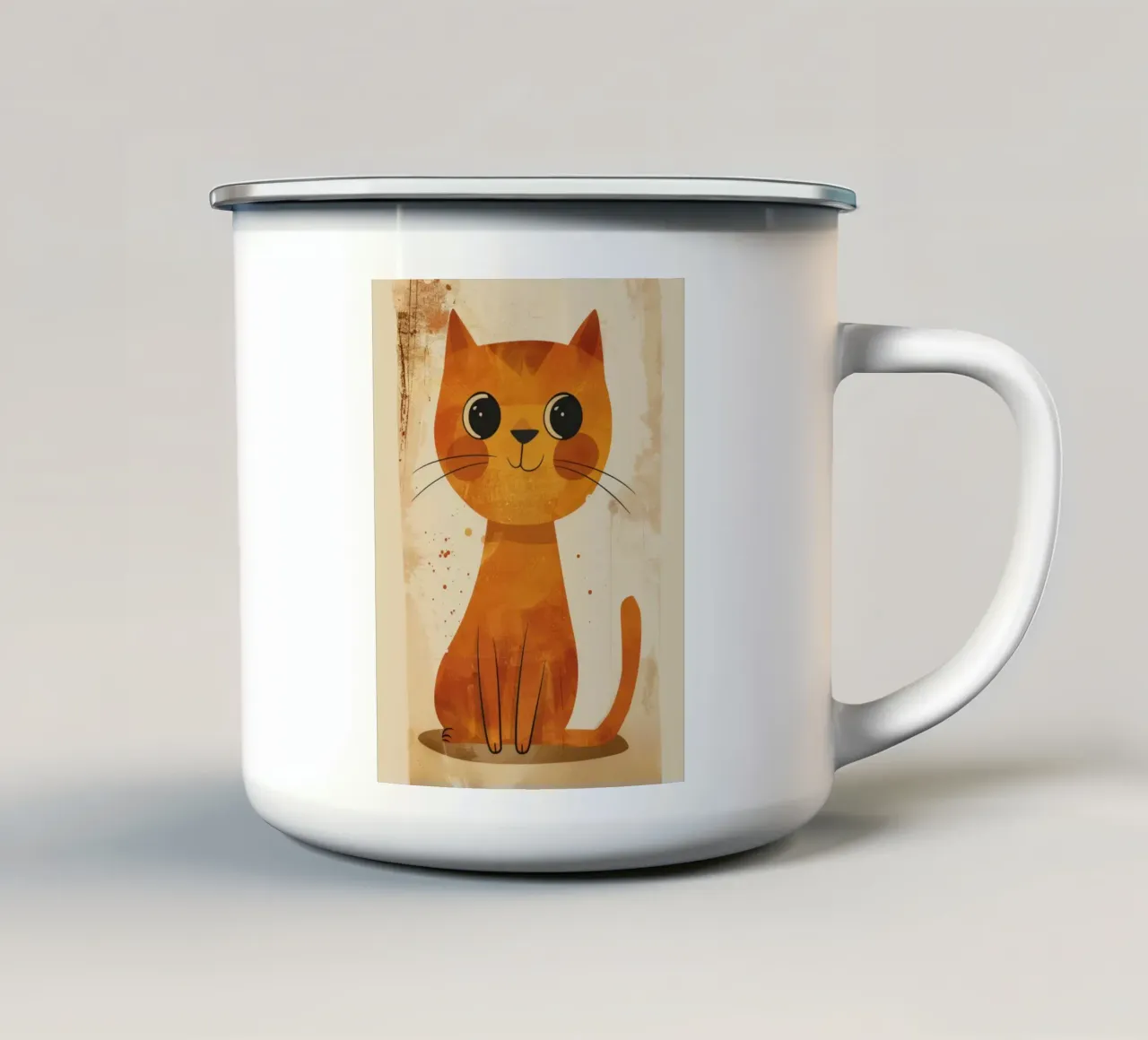 gatto arancione brillante e allegro con occhi grandi e muso felice tazza in smalto da DesignDoodle