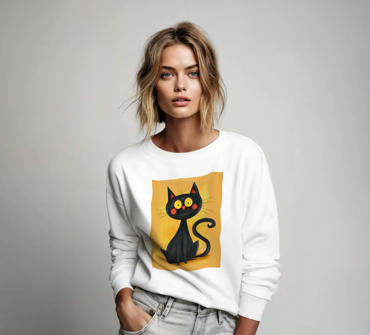 charming black cat with yellow eyes, giving off a whimsical sweatshirt by DesignDoodle
