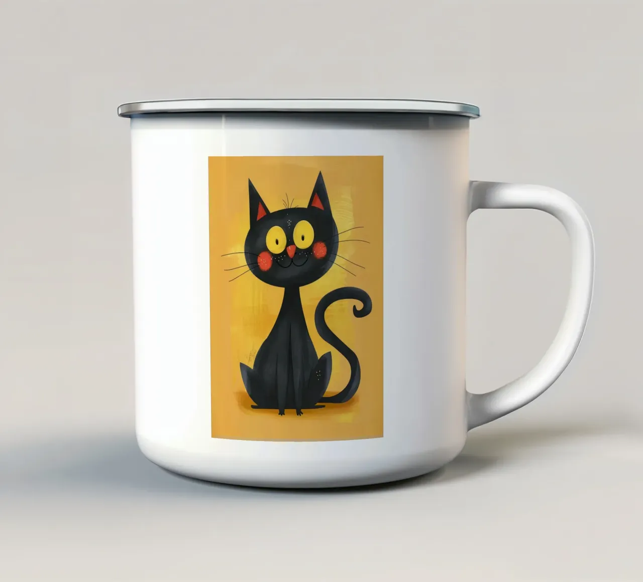 charming black cat with yellow eyes, giving off a whimsical enamel mug by DesignDoodle