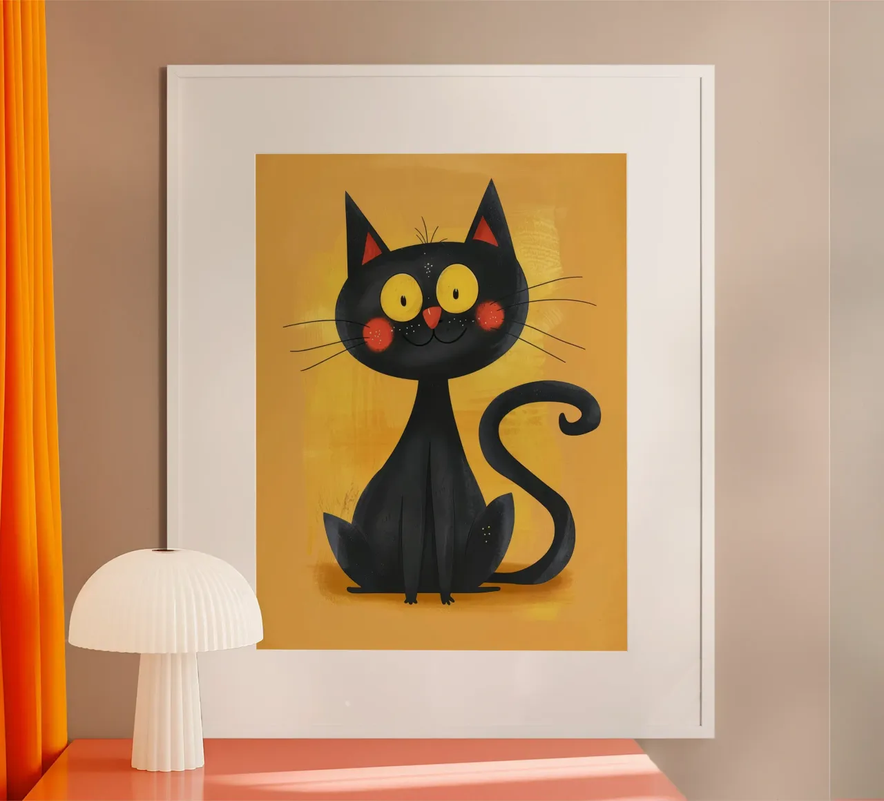 charmant chat noir aux yeux jaunes, qui dégage une impression de fantaisie. poster avec cadre en bois de DesignDoodle