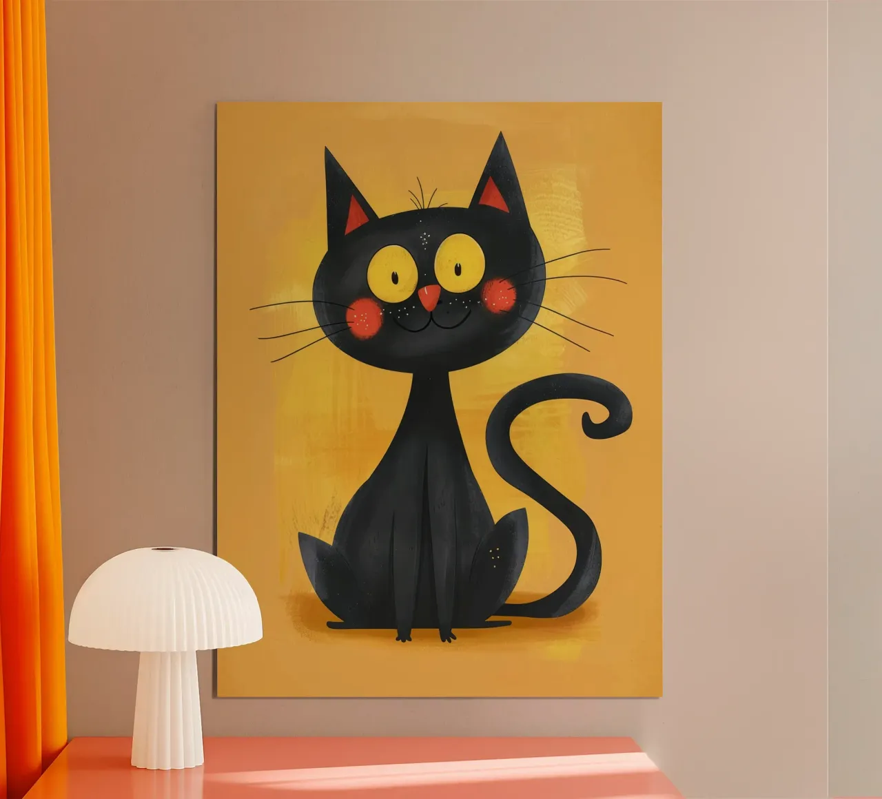 charmant chat noir aux yeux jaunes, qui dégage une impression de fantaisie. poster avec cadre en bois de DesignDoodle