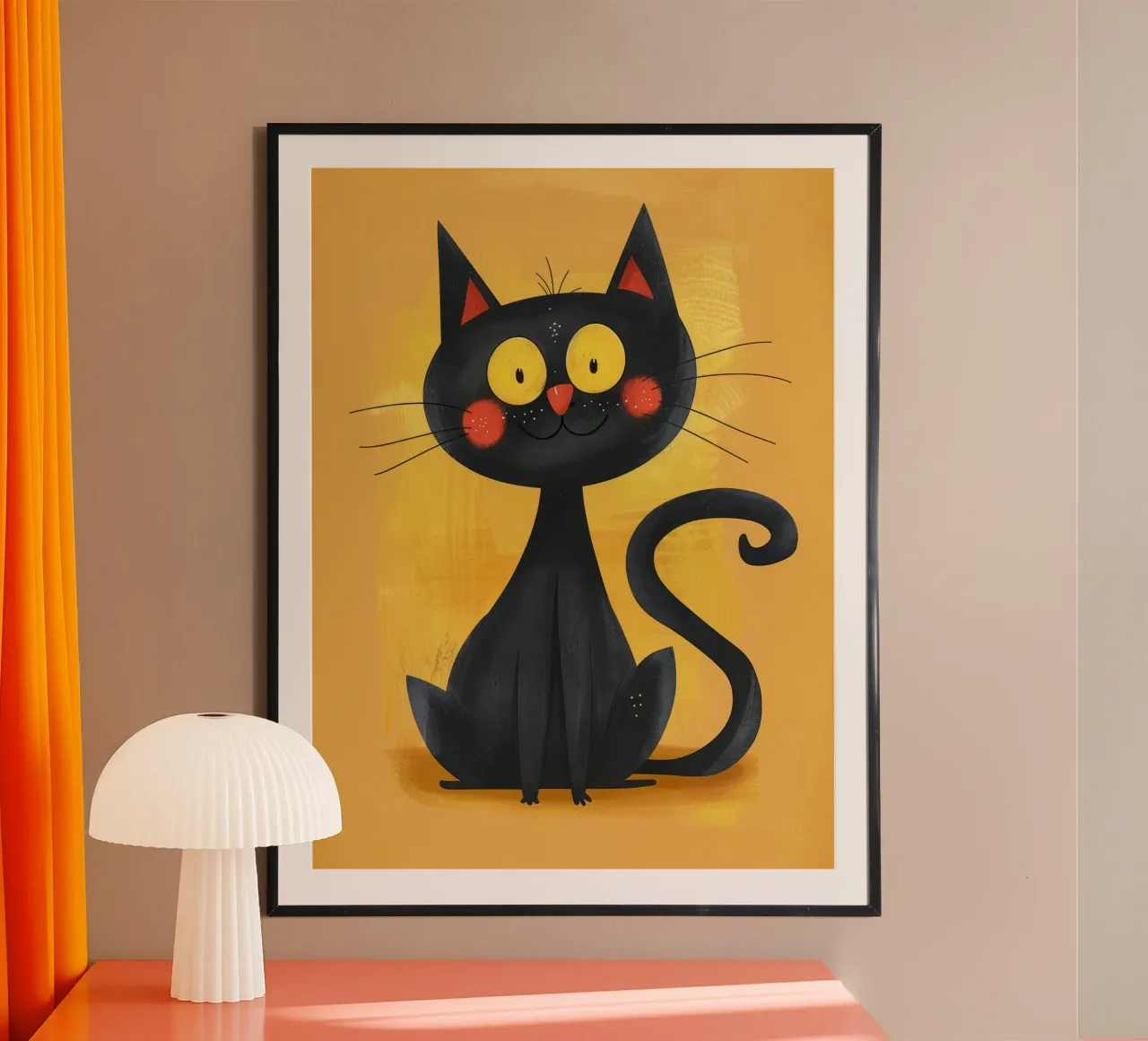 charmant chat noir aux yeux jaunes, qui dégage une impression de fantaisie. poster avec cadre en bois de DesignDoodle