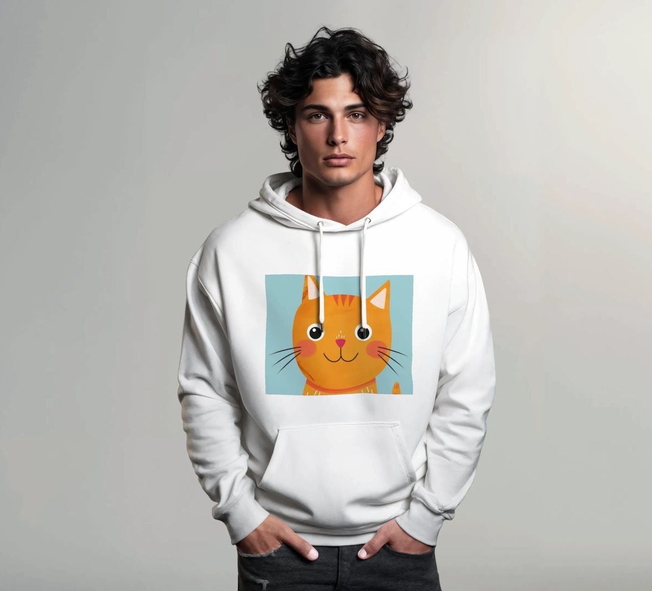 soriano arancione giocherellone con uno sguardo audace e felice felpa con cappuccio da DesignDoodle
