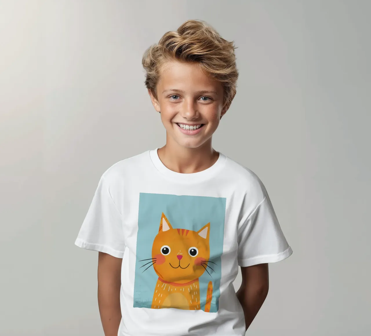 soriano arancione giocherellone con uno sguardo audace e felice t-shirt bambini da DesignDoodle