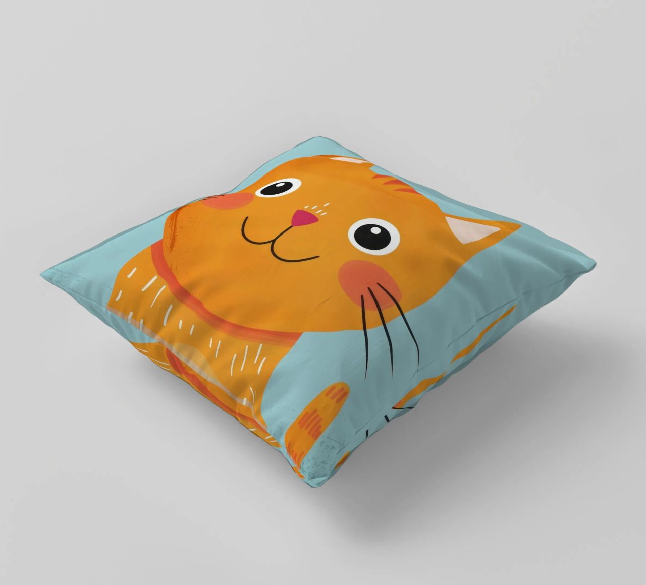 soriano arancione giocherellone con uno sguardo audace e felice cuscino da DesignDoodle