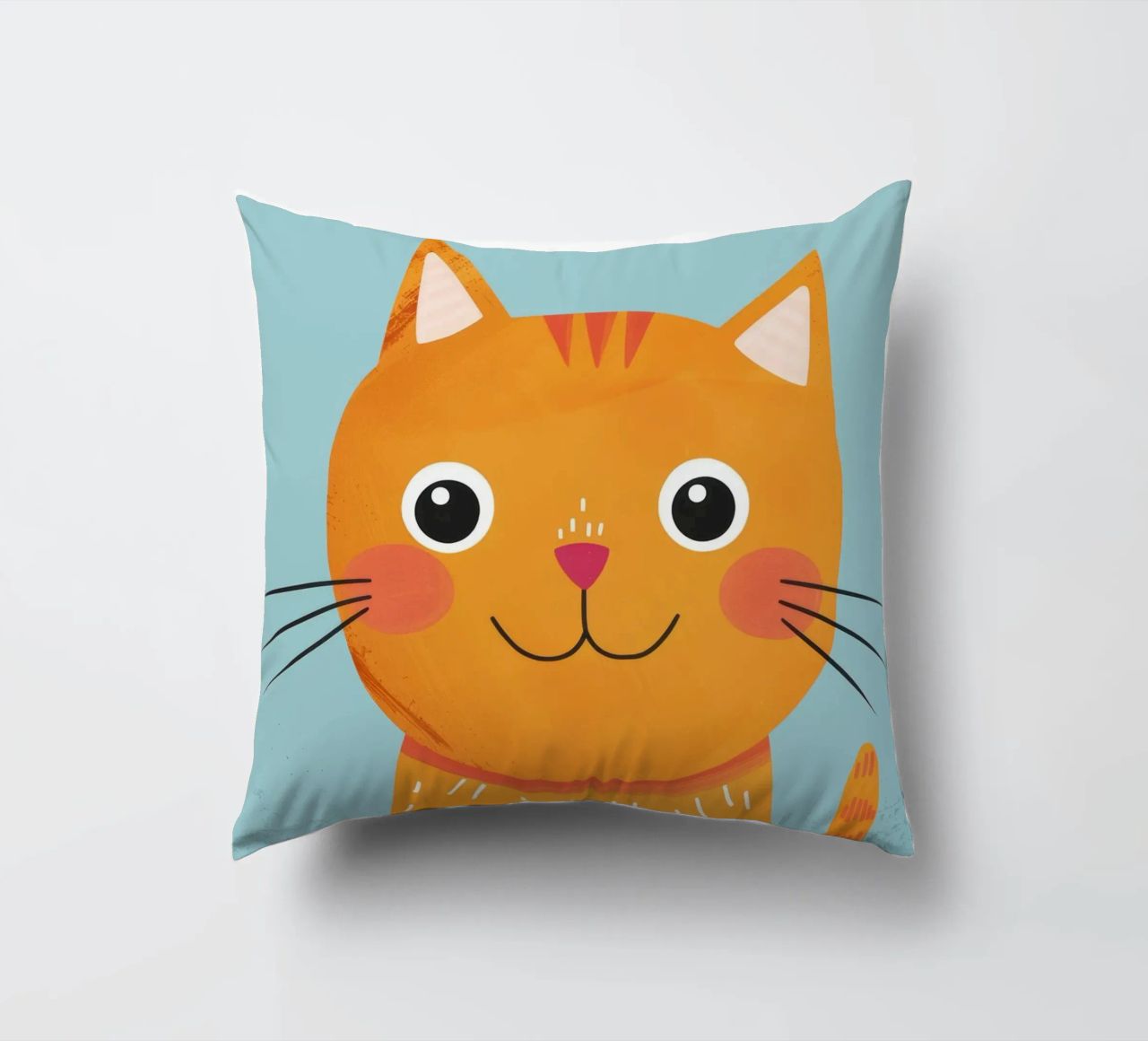 soriano arancione giocherellone con uno sguardo audace e felice cuscino da DesignDoodle