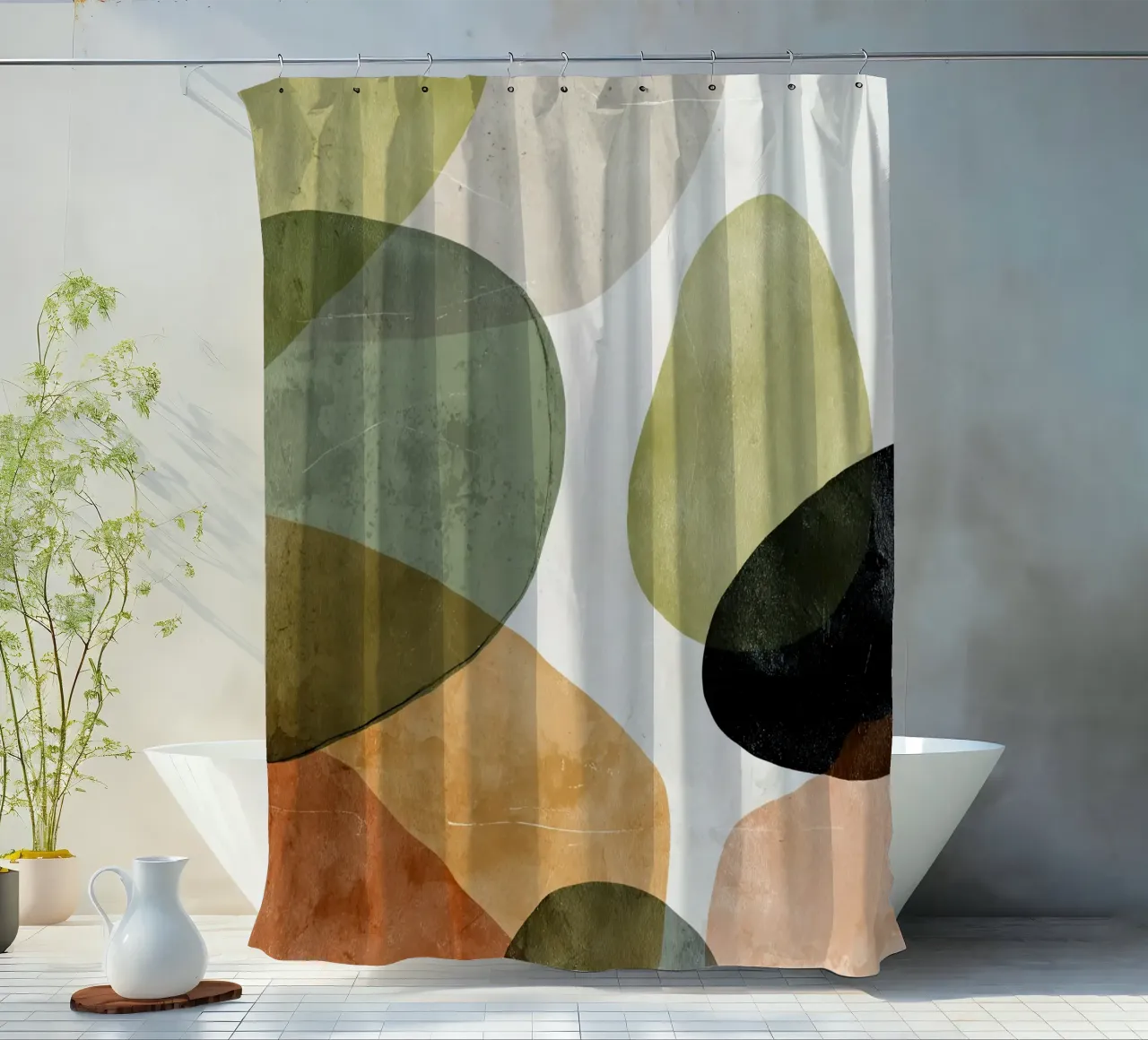 Warm Overlapping Organic Forms Abstract Print shower curtain by Artbyvo