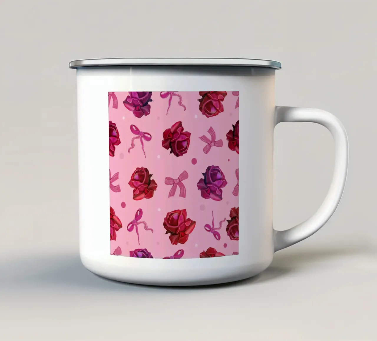 Rosa Rosen und Schleifenmuster Emaille Tasse von gulsengunel