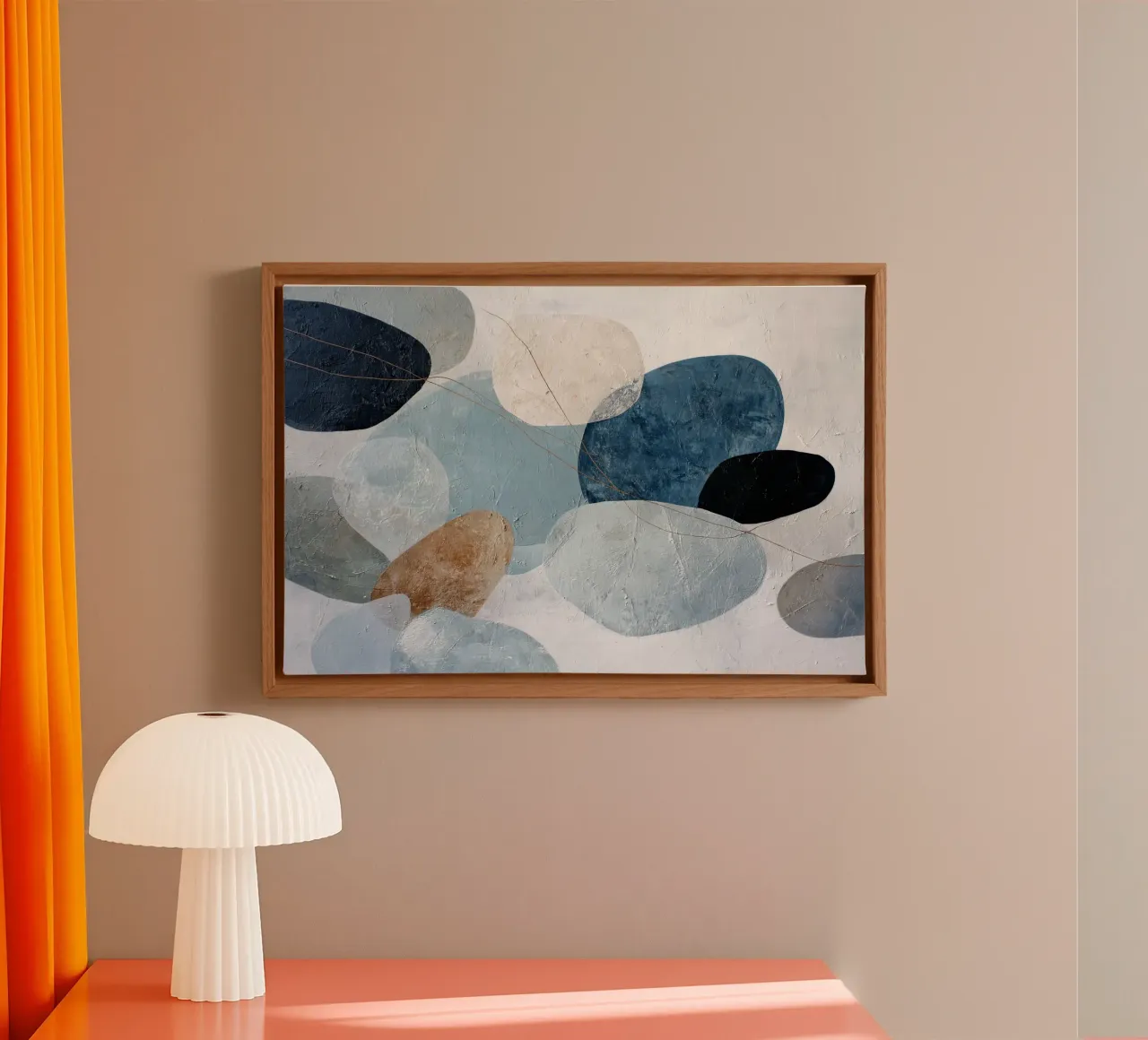 Kalm blauwe muurkunst met organische textuur canvas met Baklijst van Artbyvo
