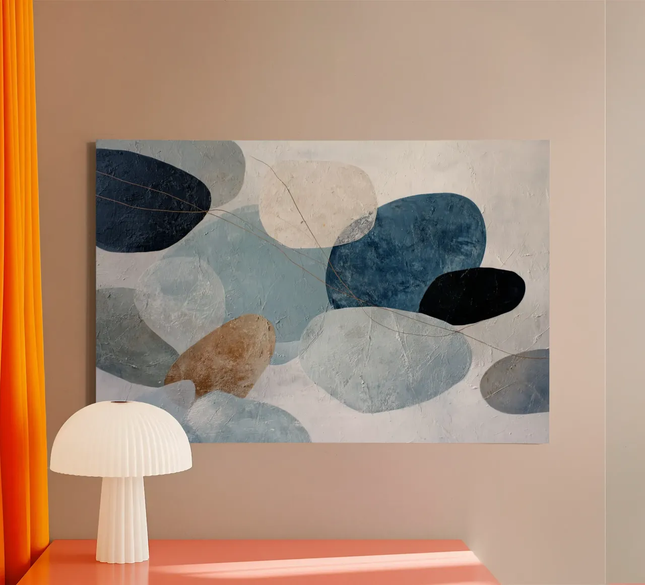 Kalm blauwe muurkunst met organische textuur canvas met Baklijst van Artbyvo