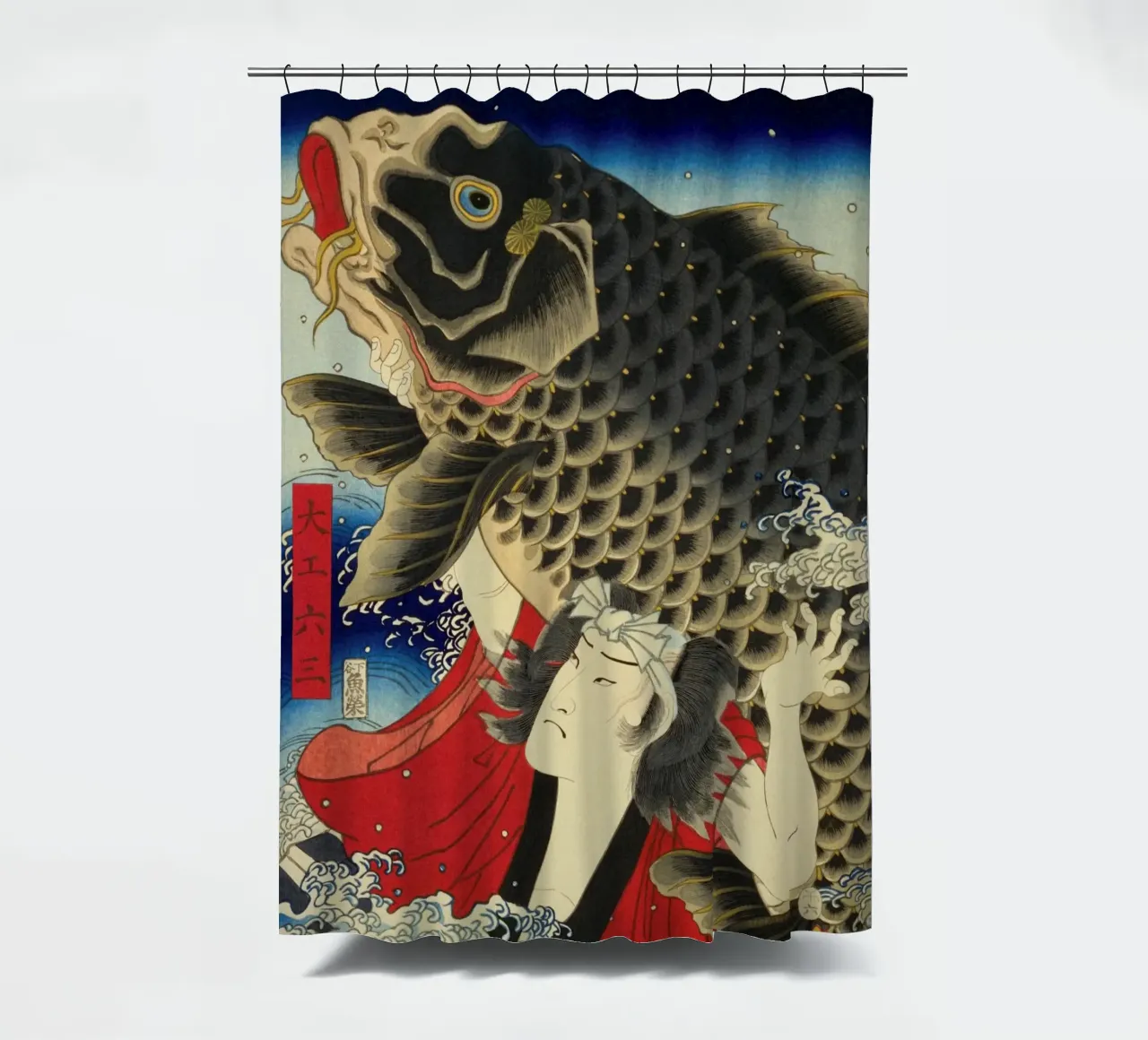 Samurai With Giant Carp - Vintage Japanese Ukiyo-e Woodblock shower curtain by Masterpieces Of Japanese Art