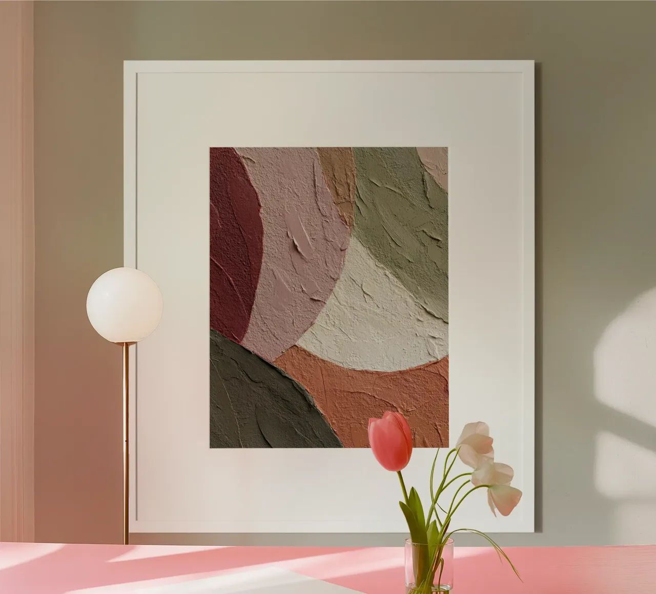 Muted Pink and Olive Organic Abstract Painting poster with wooden frame by Artbyvo