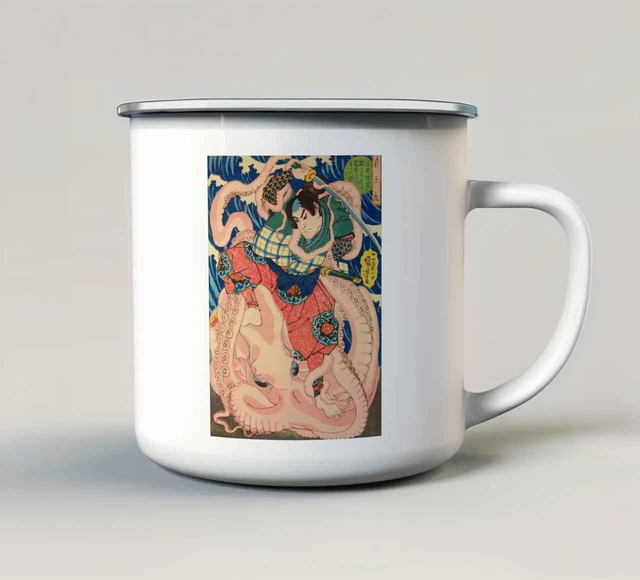 Samurai che combatte contro una piovra gigante - Ukiyo-e giapponese d'epoca tazza in smalto da Masterpieces Of Japanese Art