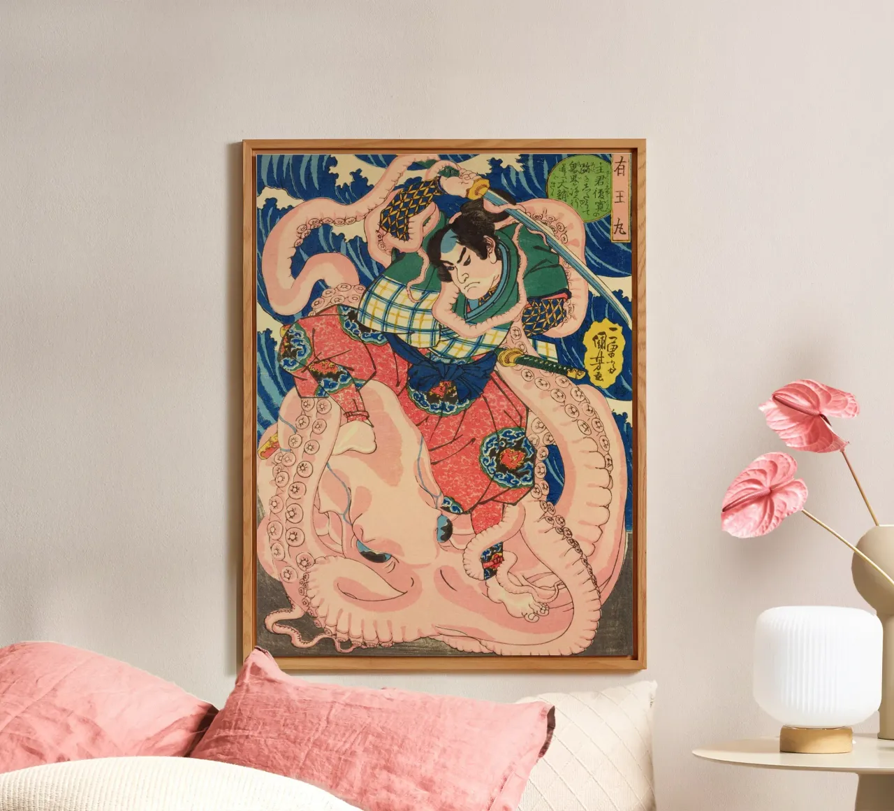 Samurai che combatte contro una piovra gigante - Ukiyo-e giapponese d'epoca alluminio dibond da Masterpieces Of Japanese Art