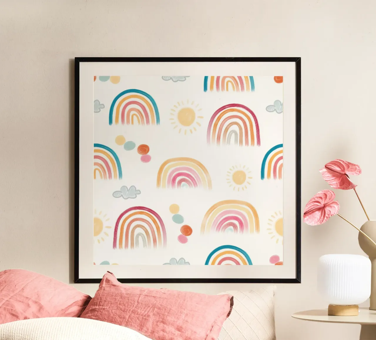 Rainbow days sun and clouds lovely pattern poster by gulsengunel
