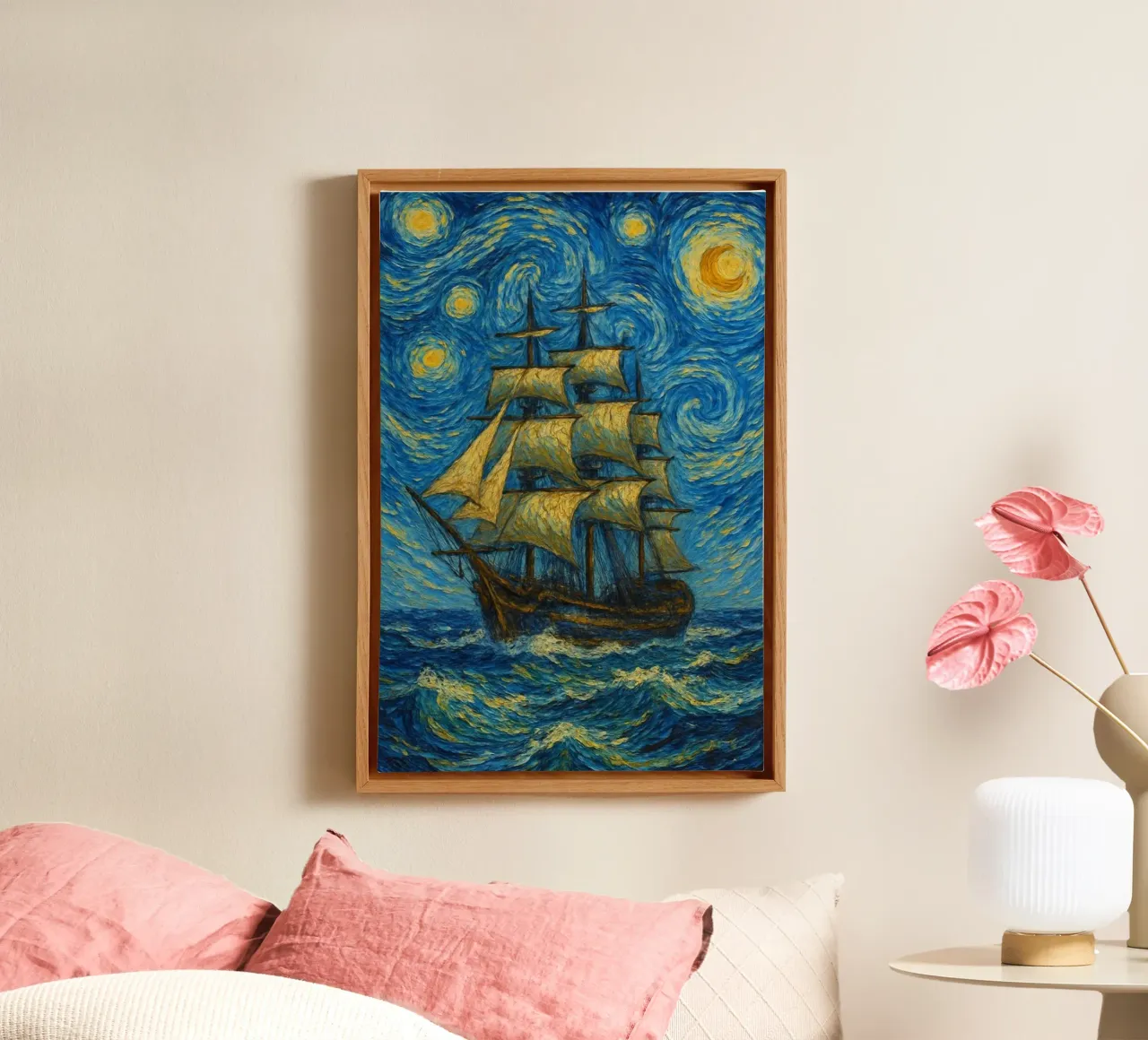 nave che naviga in una notte stellata tela con Cornice a cassetta da Piper Shop Oke