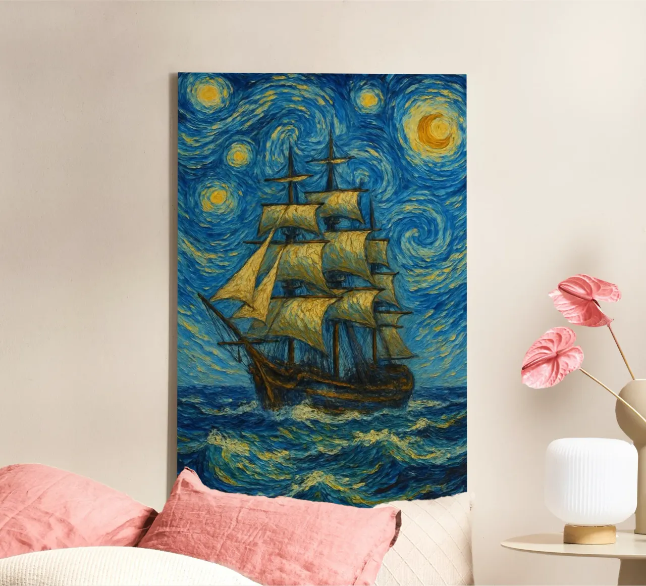 nave che naviga in una notte stellata tela con Cornice a cassetta da Piper Shop Oke