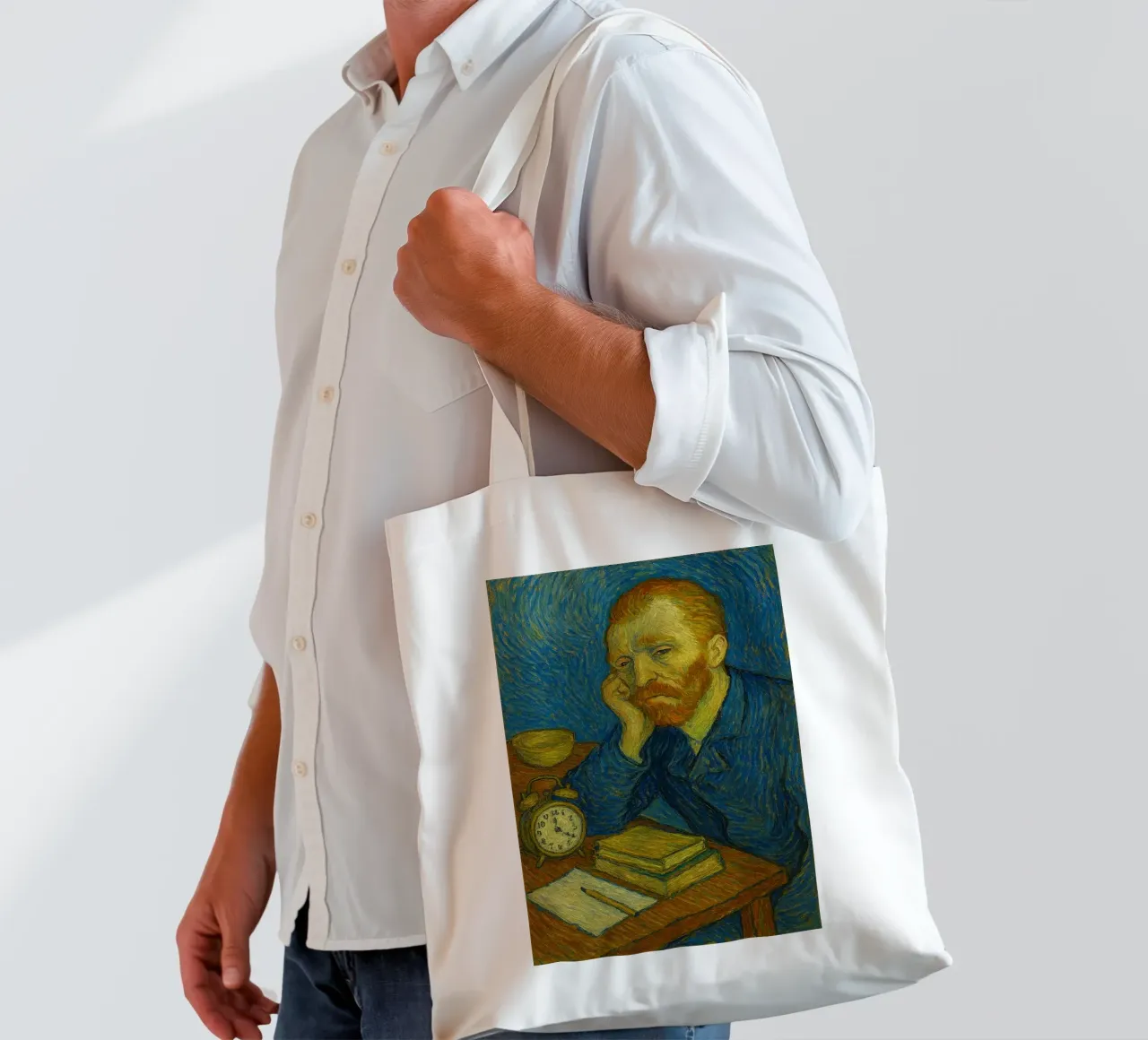depicts a man sitting tote bag by Piper Shop Oke